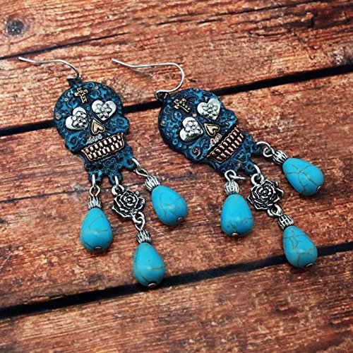 Stone Dangling Sugar Skull Fish Hook Earrings