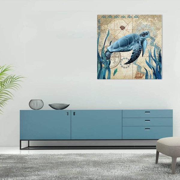 Sea Turtle Teal Framed Wall Art Decor 16x16