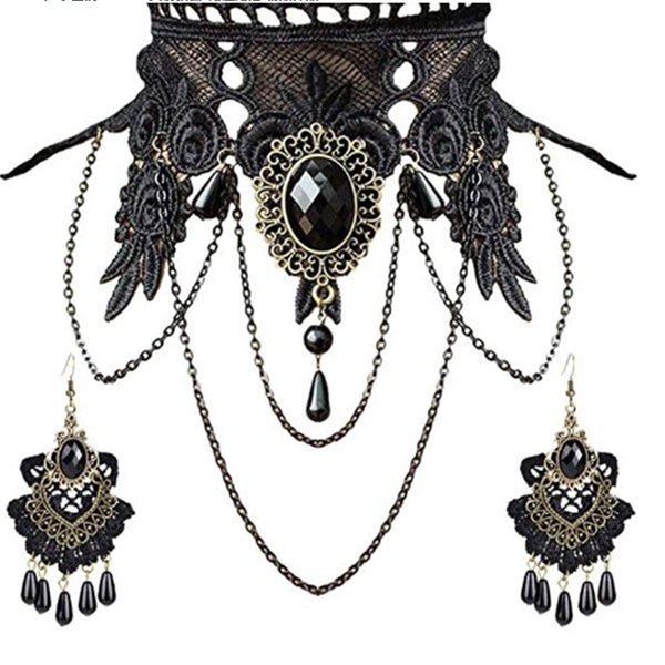 Vintage Black Lace Gothic Choker Necklace and Earrings Set