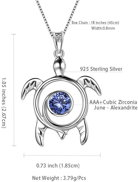 Spiral 925 Sterling Silver Sea Turtle Birthstone Necklace