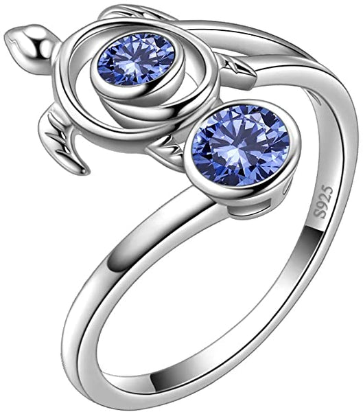 Spiral 925 Sterling Silver Sea Turtle Birthstone Adjustable Ring