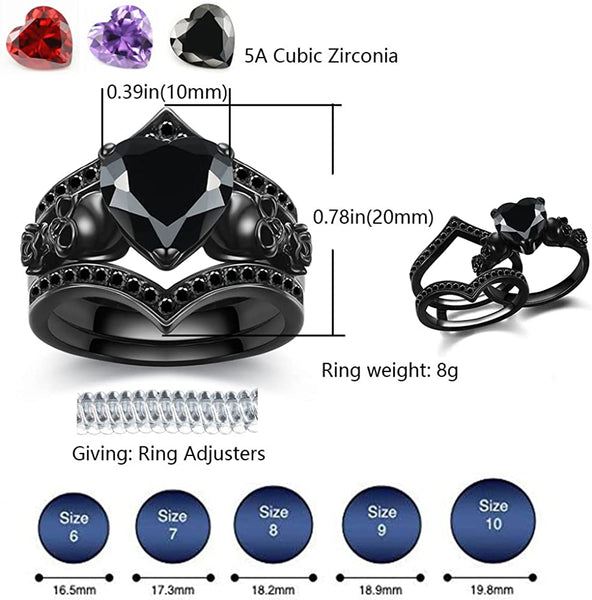 Gothic Black Rose Flower Skull Ring Set