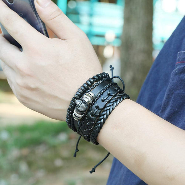 Skull Multilayer Woven Leather Beaded Rope Adjustable Bracelet