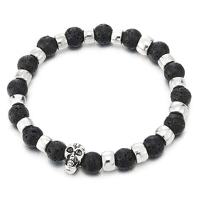 8.5MM Matt Black Volcanic Lava Stone Metal Beads Skull Bracelet