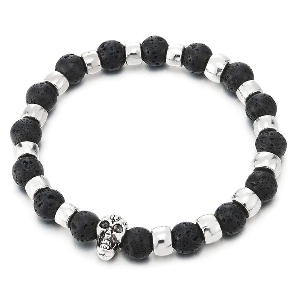 8.5MM Matt Black Volcanic Lava Stone Metal Beads Skull Bracelet