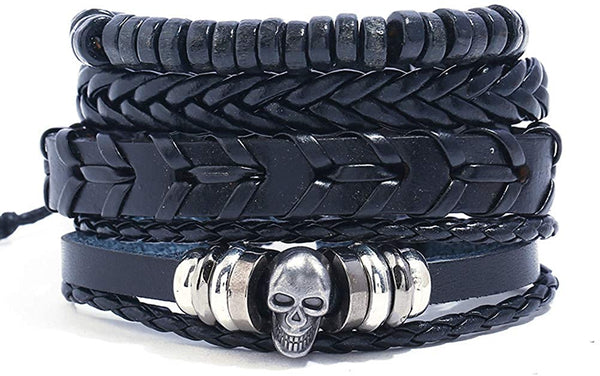 Skull Multilayer Woven Leather Beaded Rope Adjustable Bracelet