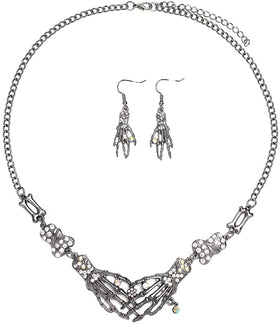 Skeleton Hand Skull Drop Earring Rhinestone Claw Palm Choker Necklace Set