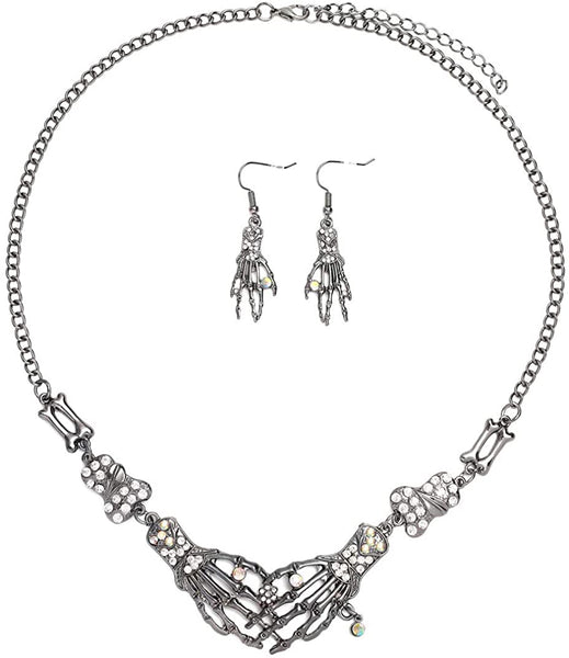 Skeleton Hand Skull Drop Earring Rhinestone Claw Palm Choker Necklace Set