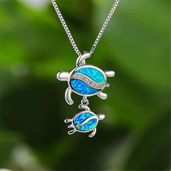 Blue Opal Mom Turtle With Baby Pendant Necklace