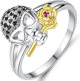 Silver Gold Two Tone Gothic Skull Death Rose Ring
