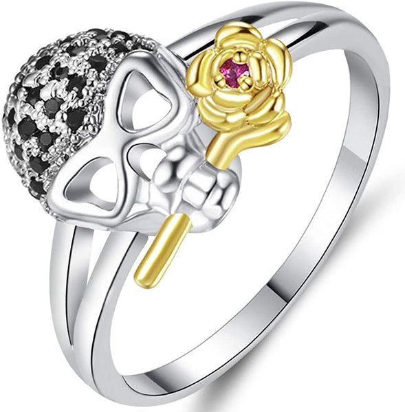 Silver Gold Two Tone Gothic Skull Death Rose Ring