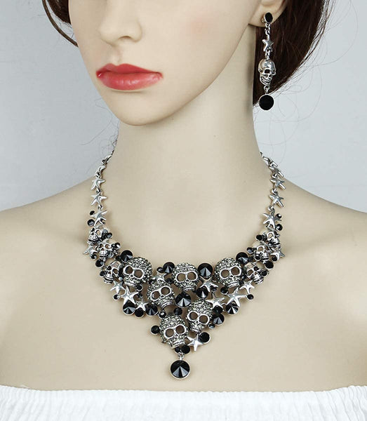 Vintage Skull Crystal Statement Necklace Earrings Set