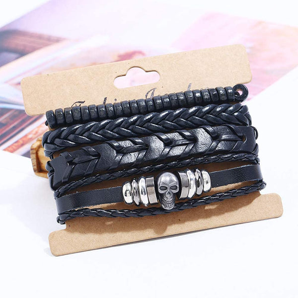 Skull Multilayer Woven Leather Beaded Rope Adjustable Bracelet