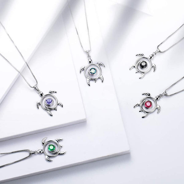 Spiral 925 Sterling Silver Sea Turtle Birthstone Necklace