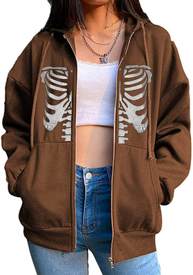 Skeleton Skull Oversized Light Weight Zip Up Hoodie