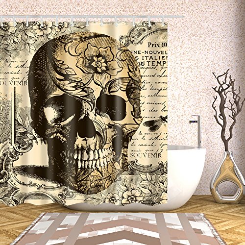 Brown Skull Shower Curtain - 12pcs Shower Hooks -72 x 72 inches