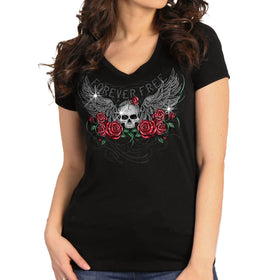 Women Black Short Sleeve Skull Wing Roses T-Shirt