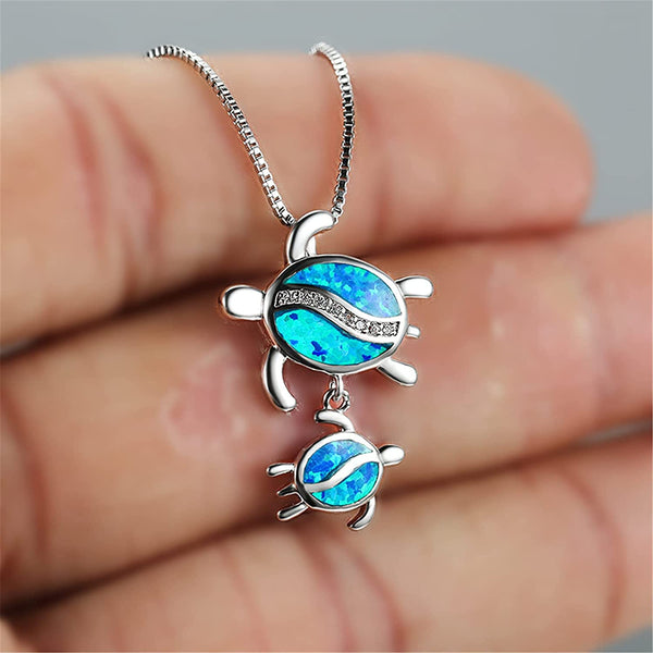 Blue Opal Mom Turtle With Baby Pendant Necklace