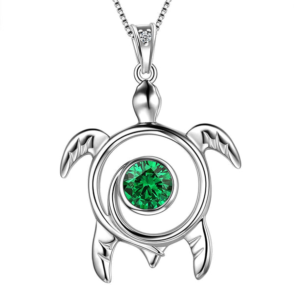 Spiral 925 Sterling Silver Sea Turtle Birthstone Necklace