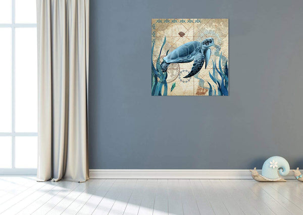Sea Turtle Teal Framed Wall Art Decor 16x16