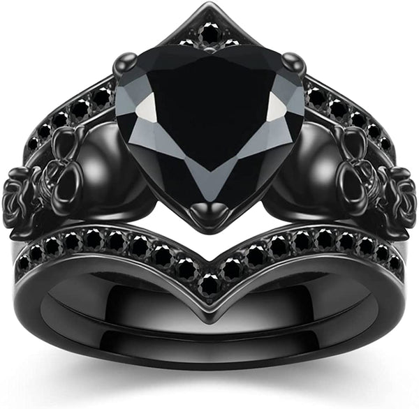 Gothic Black Rose Flower Skull Ring Set