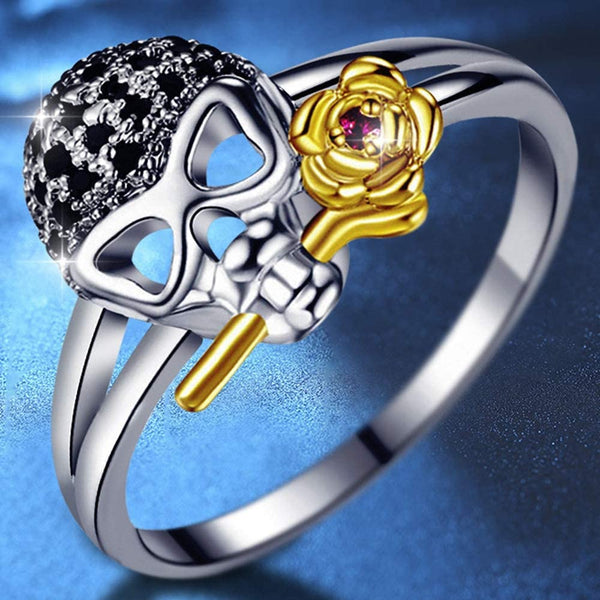Silver Gold Two Tone Gothic Skull Death Rose Ring