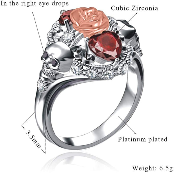 Crystal Heart Gothic Skull Rose Ring