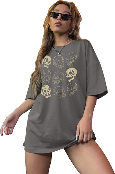 Women Skull Print Round Neck Half Sleeve Graphic Shirt