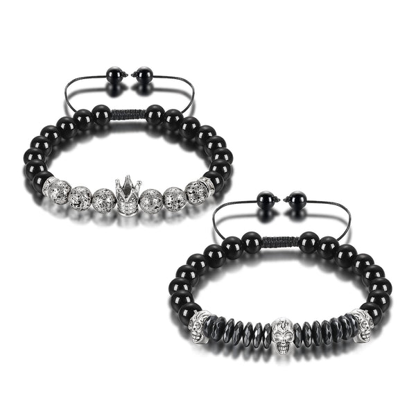 Skull Unisex Lava Stone Adjustable Crown Beaded Bracelet Set