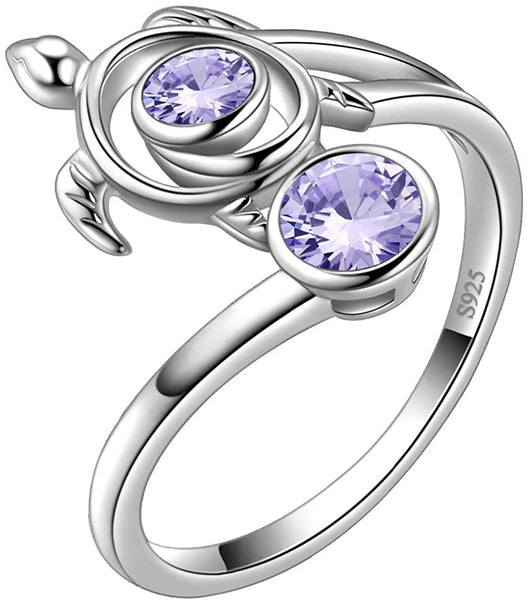 Spiral 925 Sterling Silver Sea Turtle Birthstone Adjustable Ring