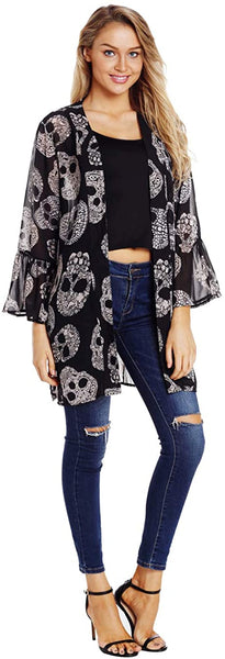Women Skull Print Sheer Loose Kimono Cardigan Tops Blouse Cover up