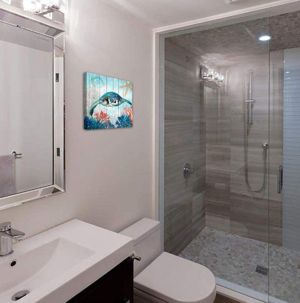 Sea Turtle Canvas Wall Art Ocean Beach Coast Theme Size 14x14 Framed