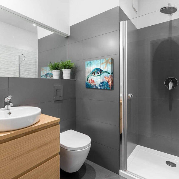 Sea Turtle Canvas Wall Art Ocean Beach Coast Theme Size 14x14 Framed