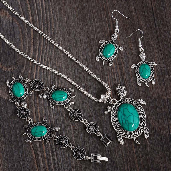 Natural Stone Sea Turtle Pendant Necklace Bracelet Earrings Set