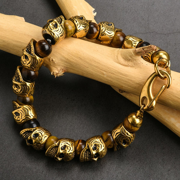 Natural Stone Stainless Steel Men Skull Beads Bracelet