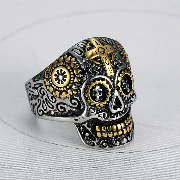 Stainless Steel Cross Skull Biker Ring