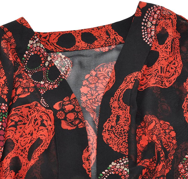 Women Skull Print Sheer Loose Kimono Cardigan Tops Blouse Cover up