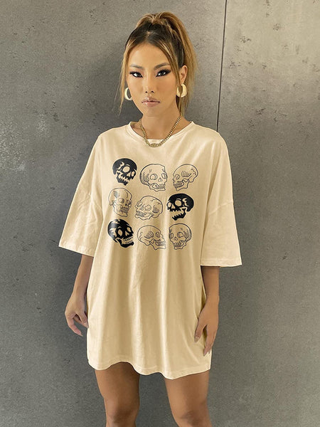 Women Skull Print Round Neck Half Sleeve Graphic Shirt