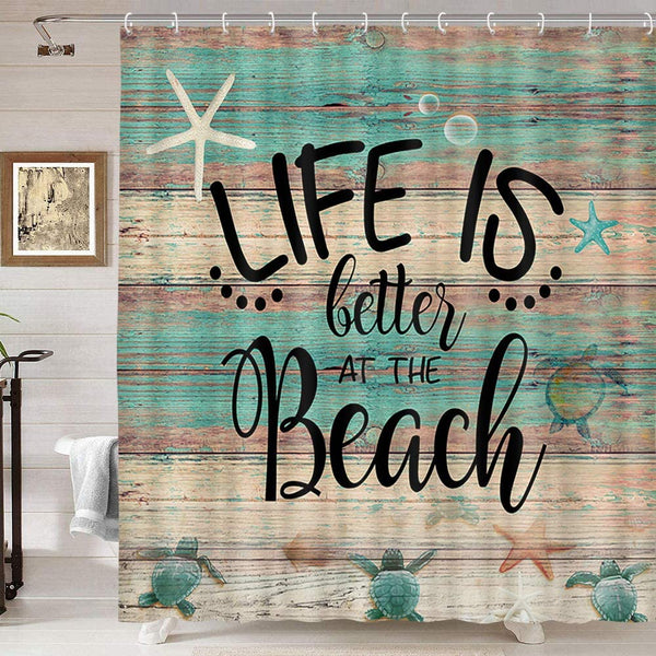 Life is Better at The Beach Sea Turtle Shower Curtain Set with 12PCS Hooks, 69X70IN