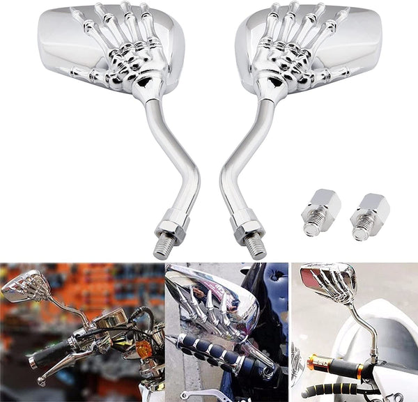 Chrome 8mm/10mm Motorcycle Skull Skeleton Rearview Side Mirrors