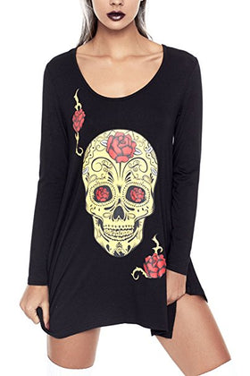 Women Casual Skull Print Long Sleeve Hem Blouse Top
