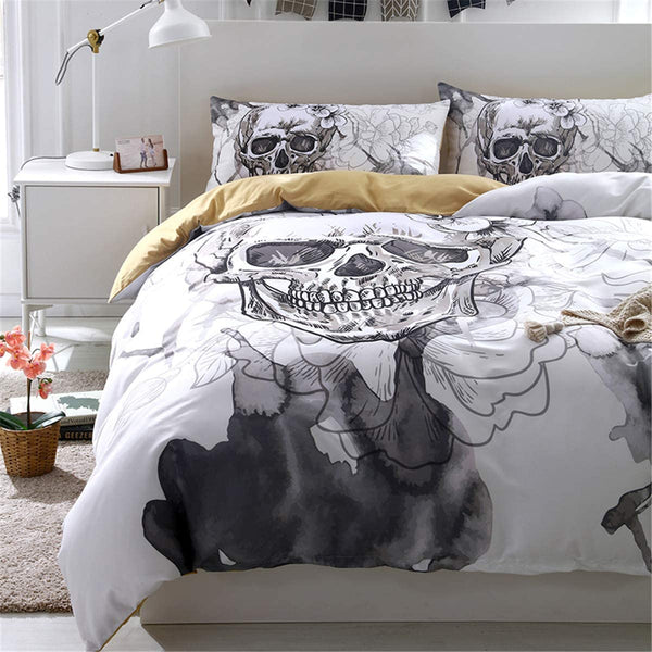 Modern Flower Skull Gray and Black Duvet Cover Set