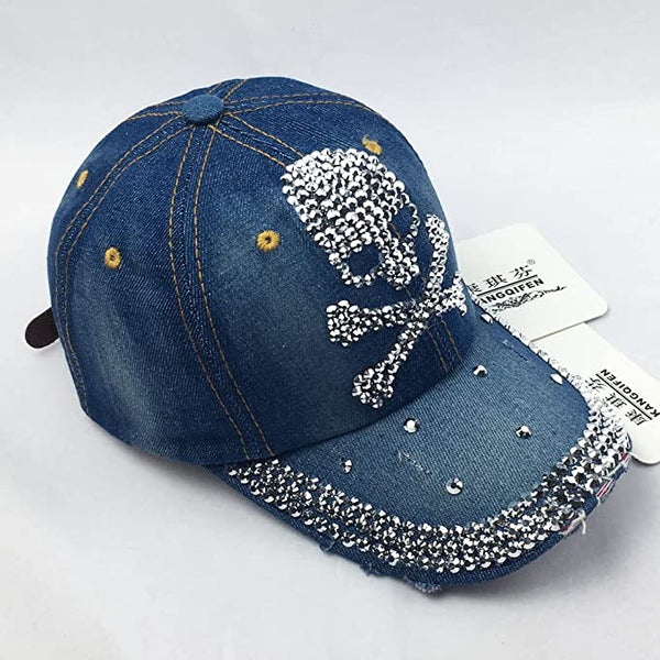 Women Distressed Denim Rhinestone Skull Cap