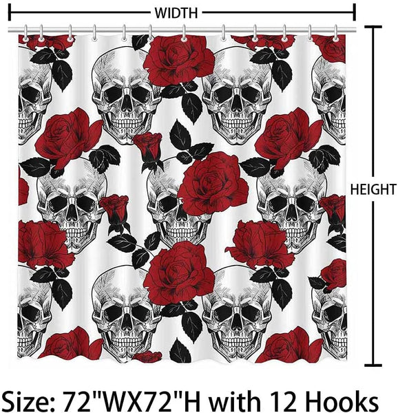 Skull Red Rose Floral Shower Curtain Set with Hooks, 72x72in