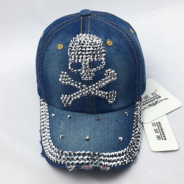 Women Distressed Denim Rhinestone Skull Cap