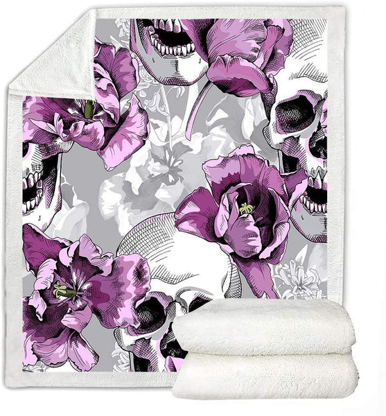 Skull Tulips Flower Sherpa Fleece Throw Blanket (50"x60")