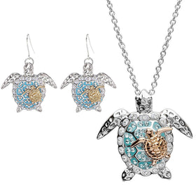 Sea Turtle Mom Child Necklace Earrings Set