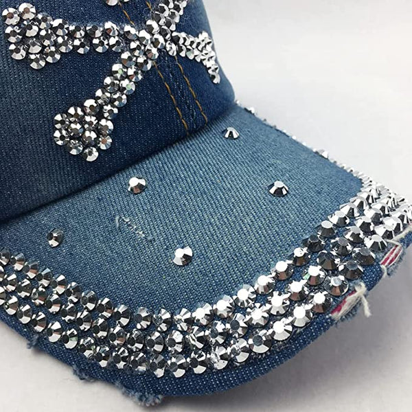 Women Distressed Denim Rhinestone Skull Cap