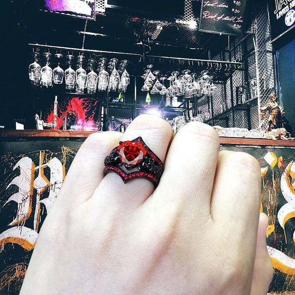 Gothic Black Rose Flower Skull Ring Set