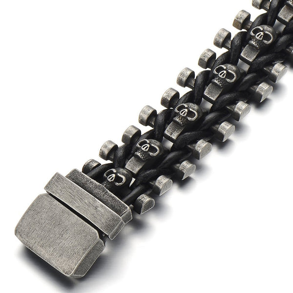 Black Braided Leather Skulls Bracelet